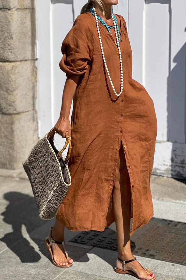 コットンリネンボタンソリッドワンピース