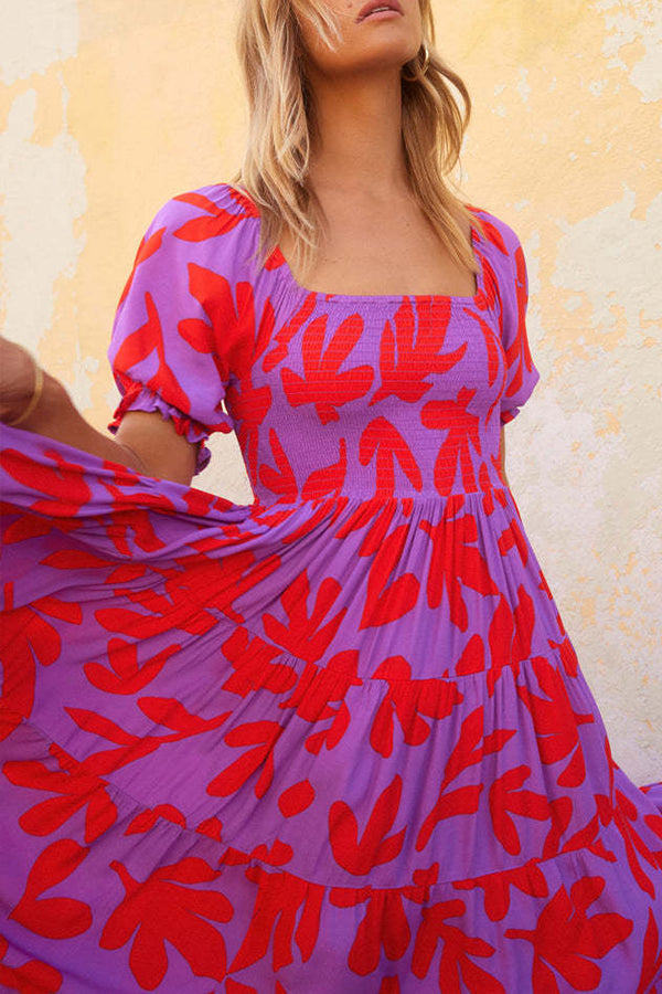 ボタニカルプリントパフスリーブAラインワンピース