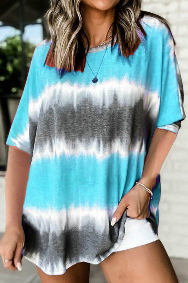 Tie-dye Printed Round Neck Dolman Sleeve Short Sleeve Oversized Top