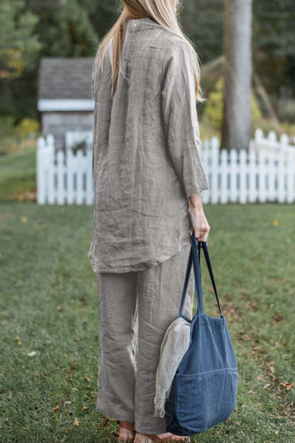 ソリッドカラーのエレガントなレトロなルーズラペル長袖シャツワイドレッグパンツカジュアルスーツ