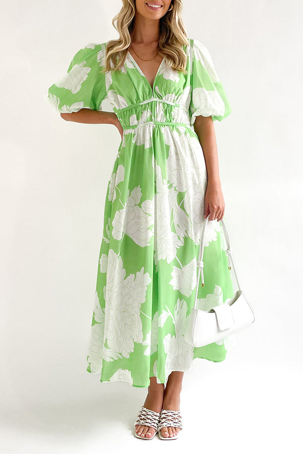 エレガントなVネックスリムウエスト大振りスカートプリントドレス