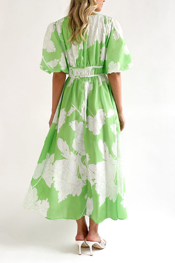 エレガントなVネックスリムウエスト大振りスカートプリントドレス