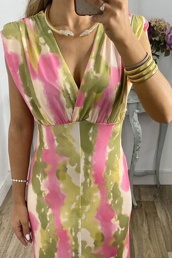 アブストラクト V ネック カラーブロック プリント スリム ドレス