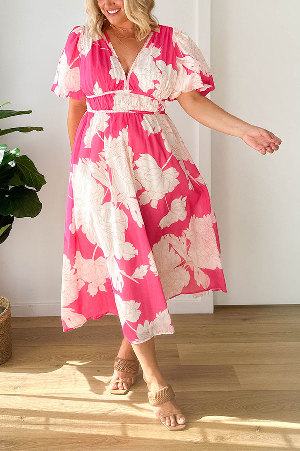 エレガントなVネックスリムウエスト大振りスカートプリントドレス