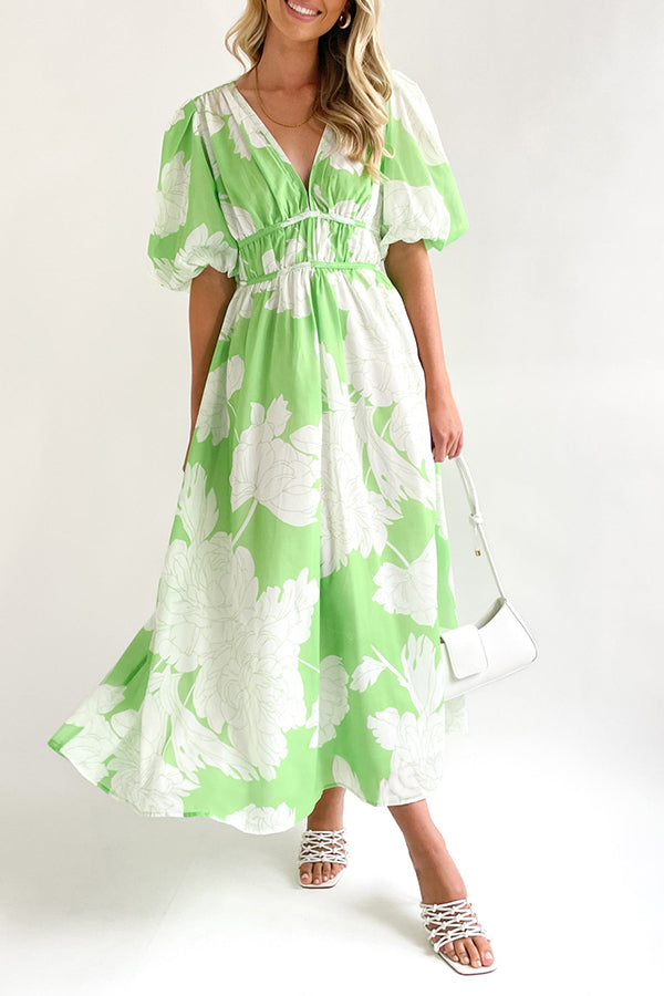 エレガントなVネックスリムウエスト大振りスカートプリントドレス