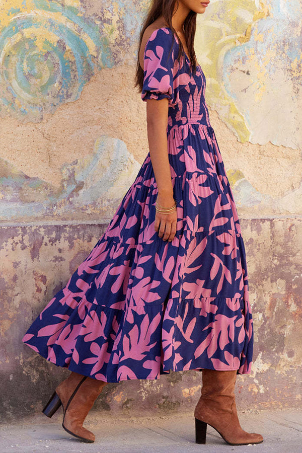 ボタニカルプリントパフスリーブAラインワンピース