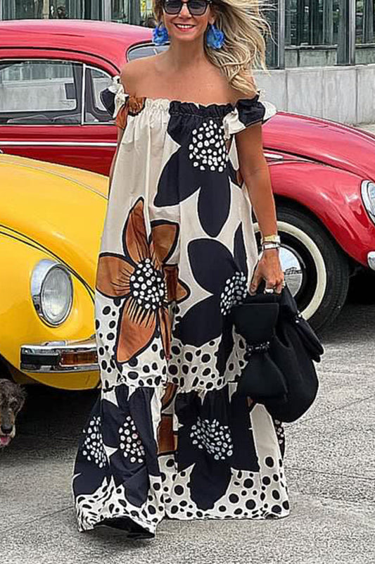 ブルームシーズンリネンブレンドフローラルプリントオフショルダーポケット付きAラインマキシドレス