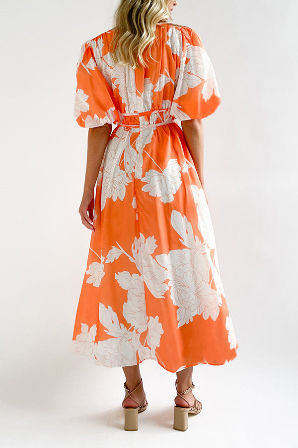 エレガントなVネックスリムウエスト大振りスカートプリントドレス