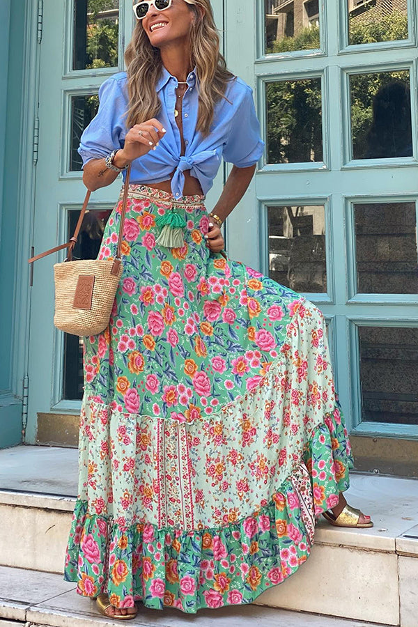 オードリナ ボヘミアン プリント ウエストゴム タッセル マキシ スカート