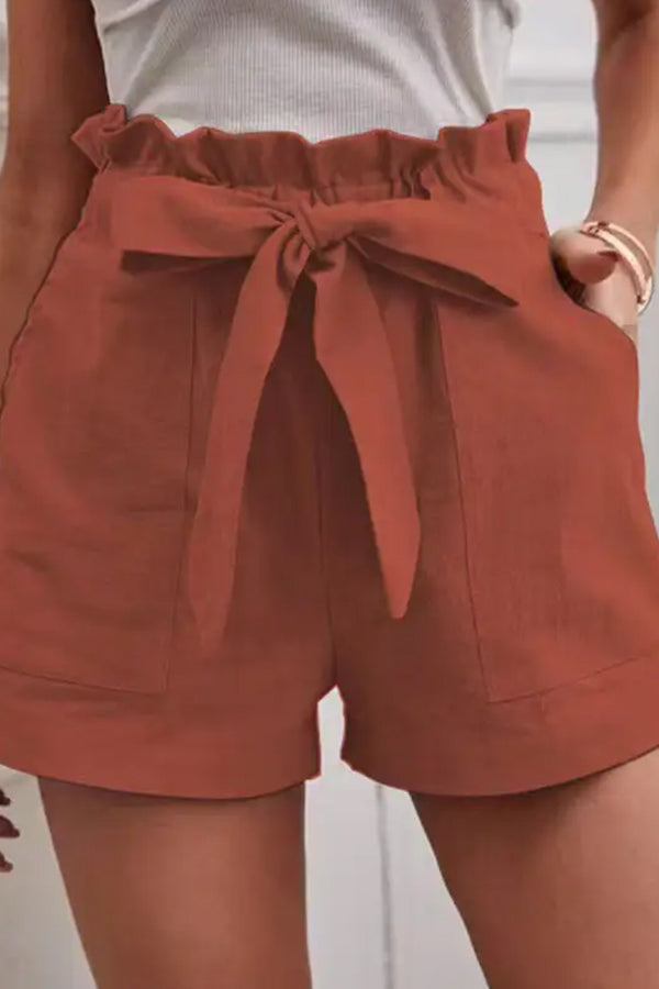 カジュアル ルーズ ソリッド カラー ウエストゴム タイ ショーツ