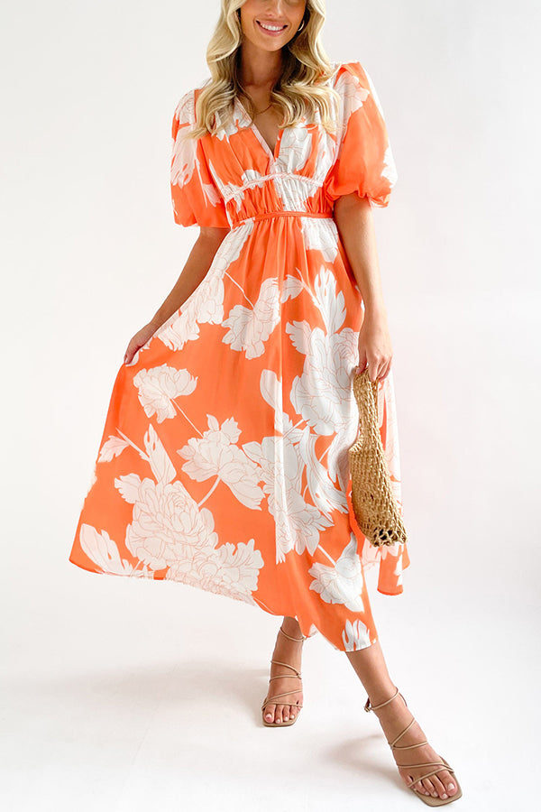 エレガントなVネックスリムウエスト大振りスカートプリントドレス