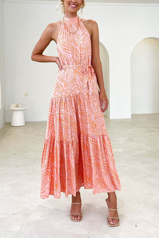 エレガントでルーズなファッショントレンドプリントレースアップスイングドレス