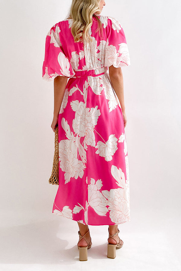 エレガントなVネックスリムウエスト大振りスカートプリントドレス