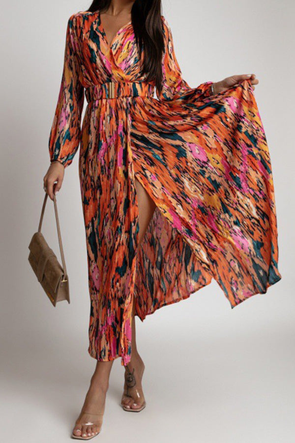 ファッションプリント V ネック長袖ベルトベルトドレス