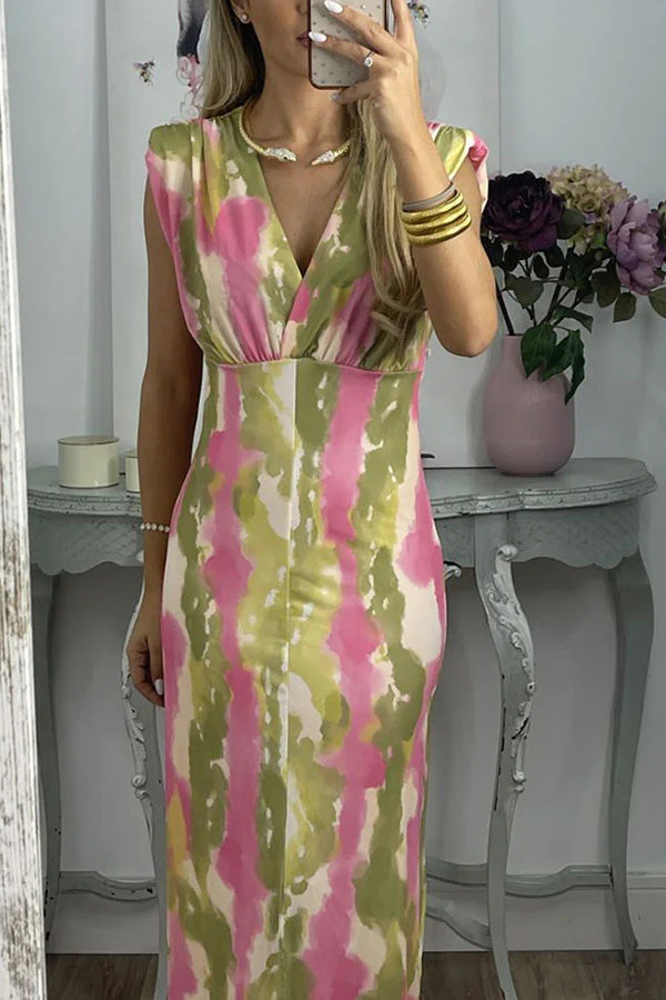 アブストラクト V ネック カラーブロック プリント スリム ドレス