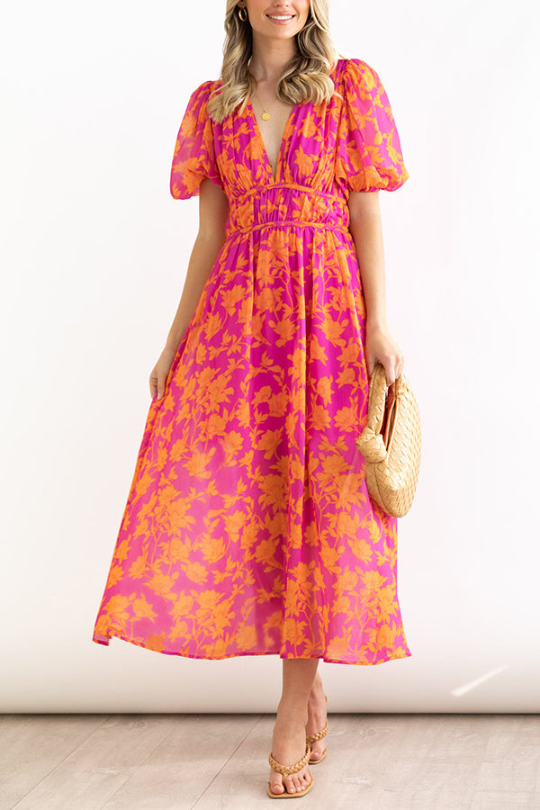 エレガントなVネックスリムウエスト大振りスカートプリントドレス