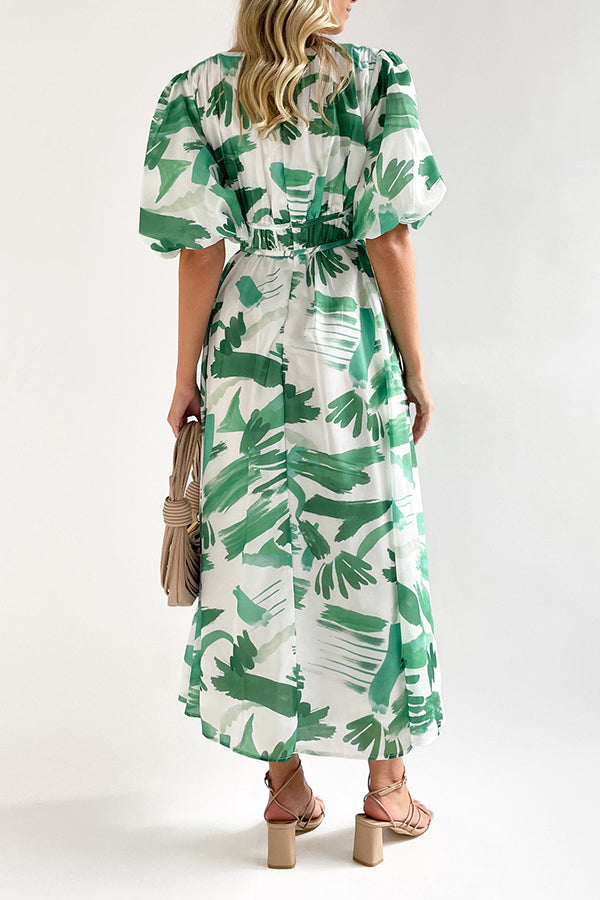 エレガントなVネックスリムウエスト大振りスカートプリントドレス