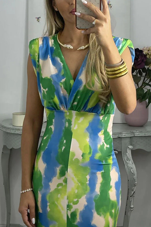 アブストラクト V ネック カラーブロック プリント スリム ドレス