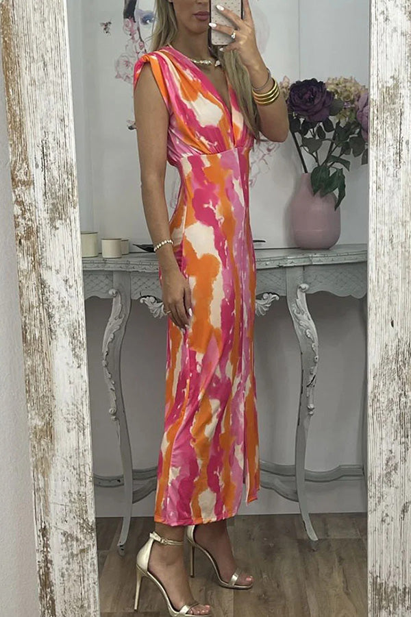 アブストラクト V ネック カラーブロック プリント スリム ドレス