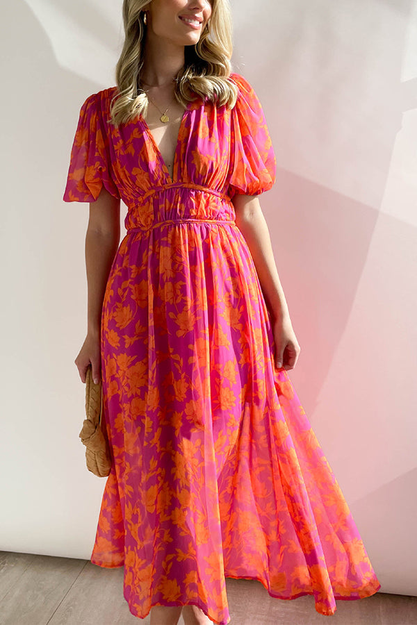 エレガントなVネックスリムウエスト大振りスカートプリントドレス