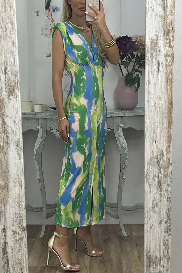 アブストラクト V ネック カラーブロック プリント スリム ドレス