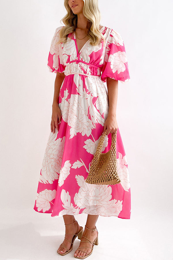 エレガントなVネックスリムウエスト大振りスカートプリントドレス