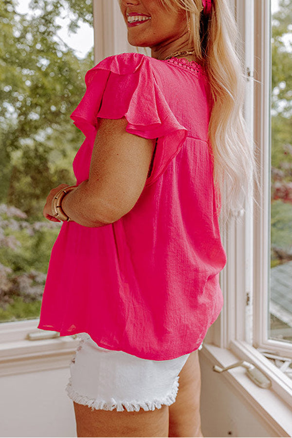 Plain Ruffle Sleeve Buttoned Plus Size Boho Top