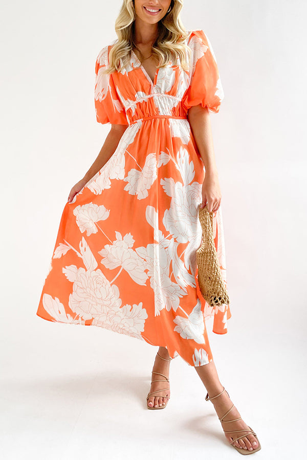 エレガントなVネックスリムウエスト大振りスカートプリントドレス