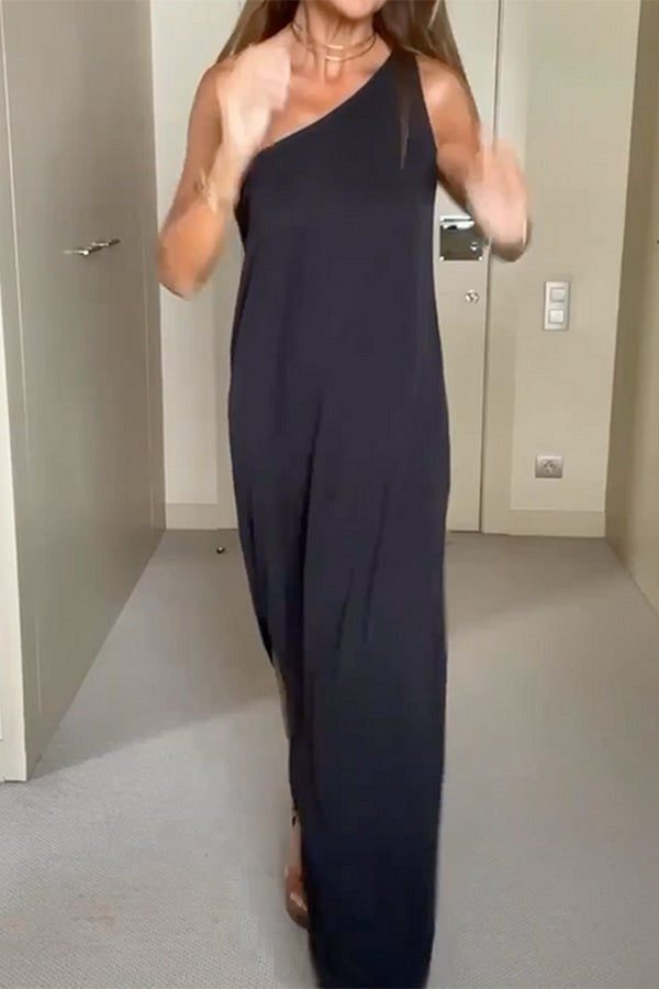 非対称ソリッドカラーノースリーブワンショルダーマキシドレス