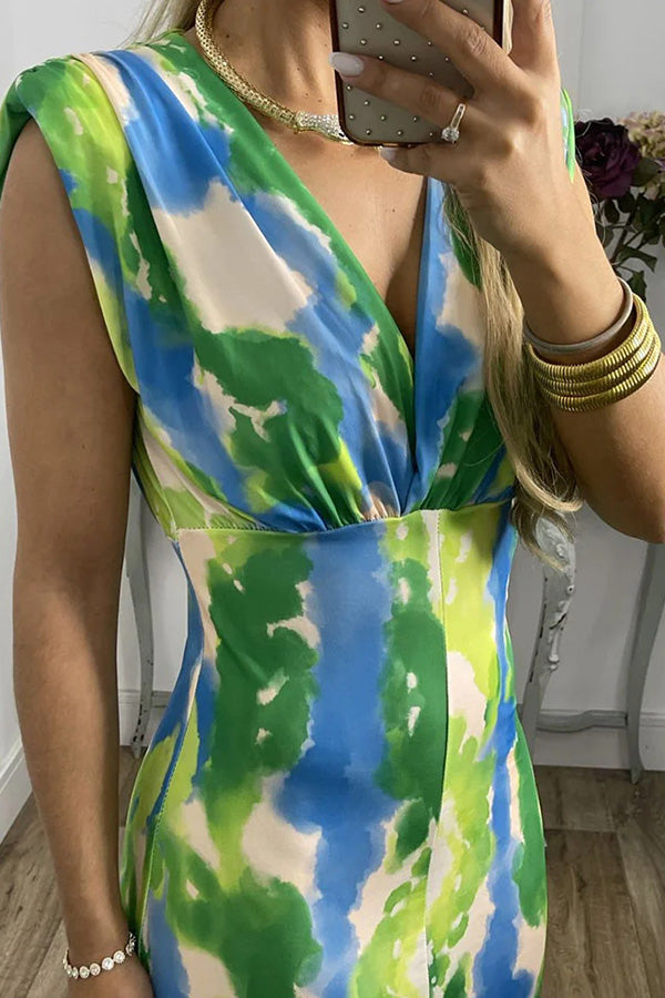 アブストラクト V ネック カラーブロック プリント スリム ドレス