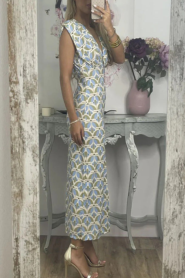 アブストラクト V ネック ジオメトリック プリント スリム ドレス