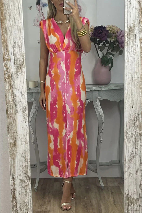 アブストラクト V ネック カラーブロック プリント スリム ドレス