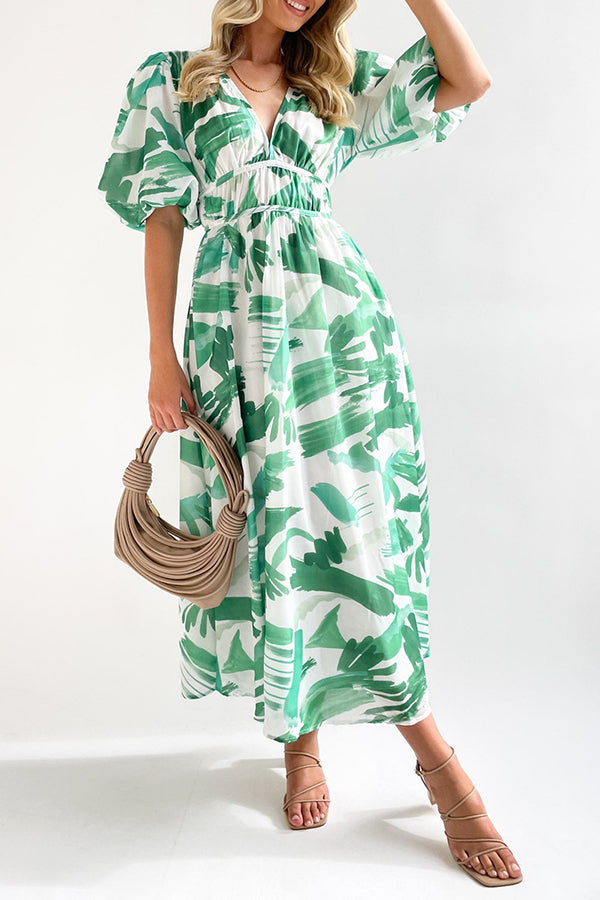 エレガントなVネックスリムウエスト大振りスカートプリントドレス