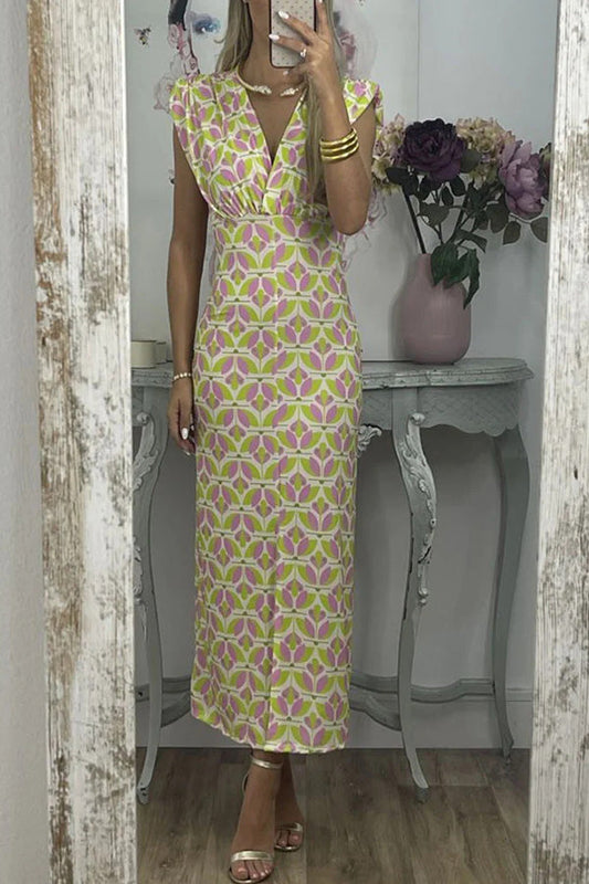 アブストラクト V ネック ジオメトリック プリント スリム ドレス