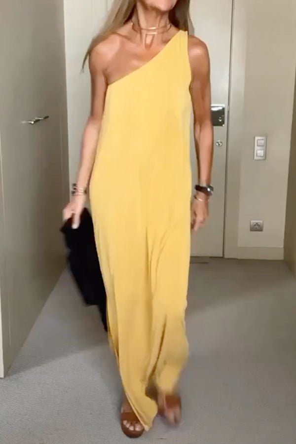 非対称ソリッドカラーノースリーブワンショルダーマキシドレス