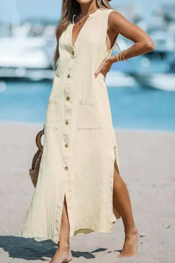 コットンとリネンのノースリーブソリッドルーズVネックマキシドレス
