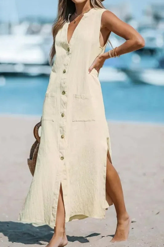 コットンとリネンのノースリーブソリッドルーズVネックマキシドレス