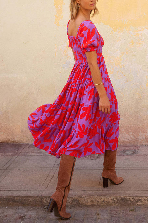 ボタニカルプリントパフスリーブAラインワンピース