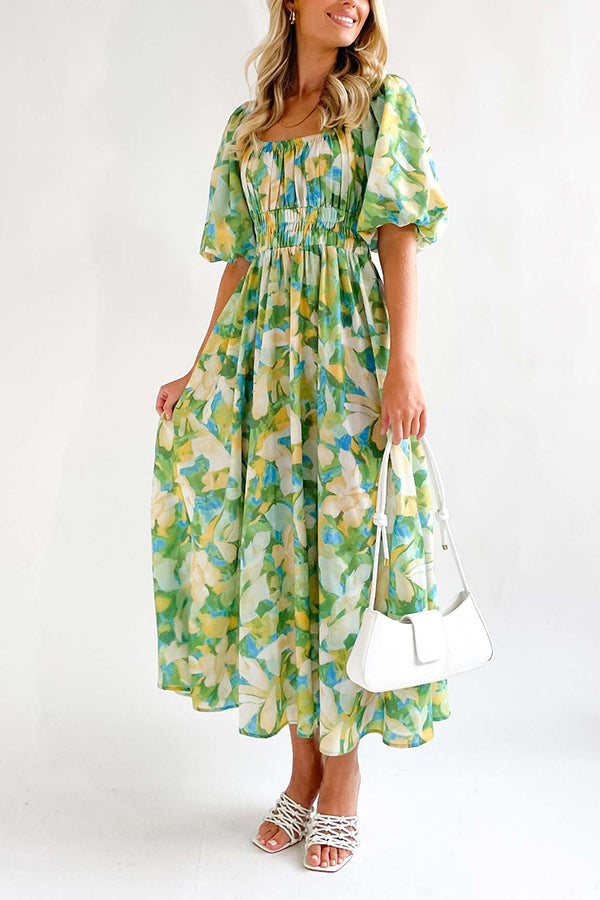 エレガントなスクエアネックプリントパフスリーブロングドレス