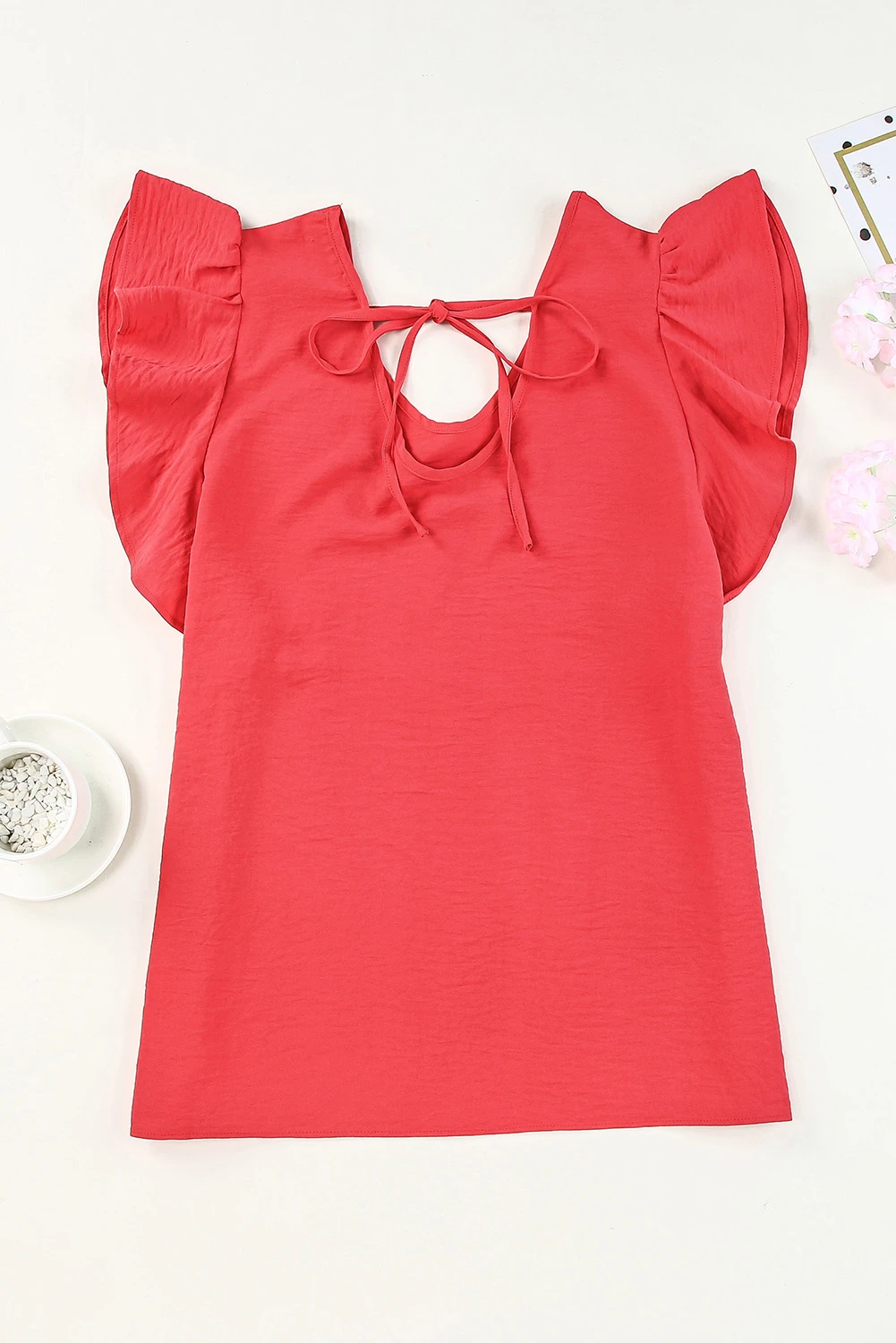 Solid V Neck Ruffle Sleeve Loose Top