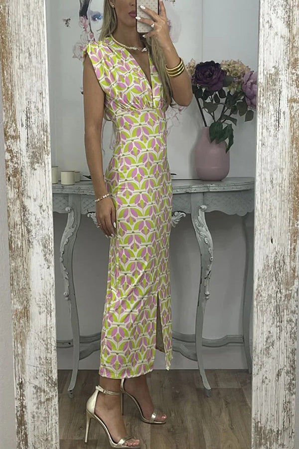 アブストラクト V ネック ジオメトリック プリント スリム ドレス