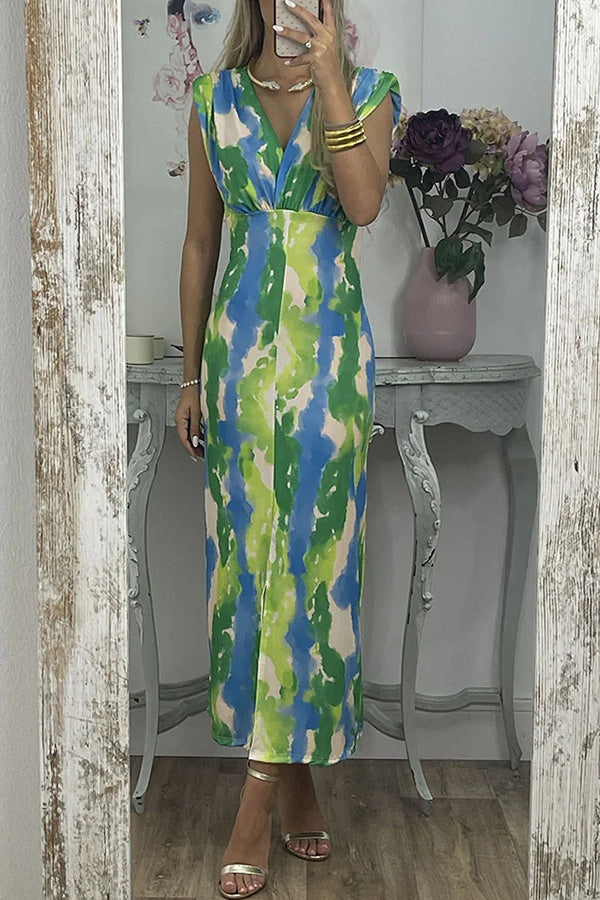 アブストラクト V ネック カラーブロック プリント スリム ドレス