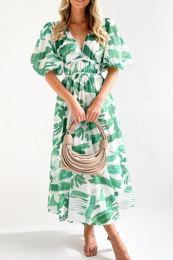 エレガントなVネックスリムウエスト大振りスカートプリントドレス