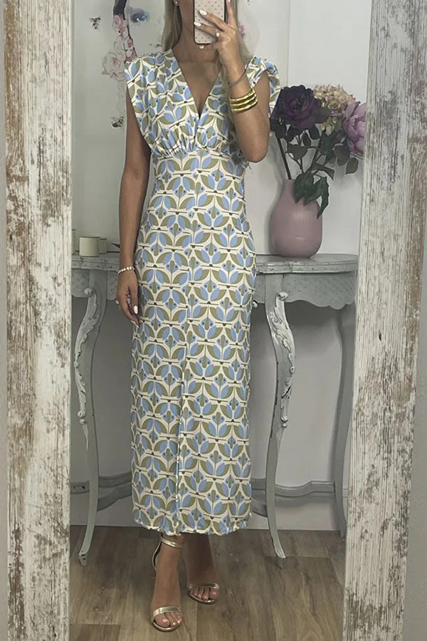 アブストラクト V ネック ジオメトリック プリント スリム ドレス