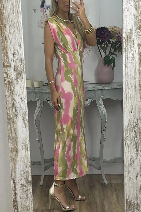 アブストラクト V ネック カラーブロック プリント スリム ドレス